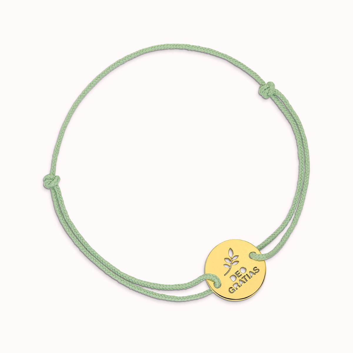 bracelet cordon communion vert sauge avec jeton en or Deo Gratias