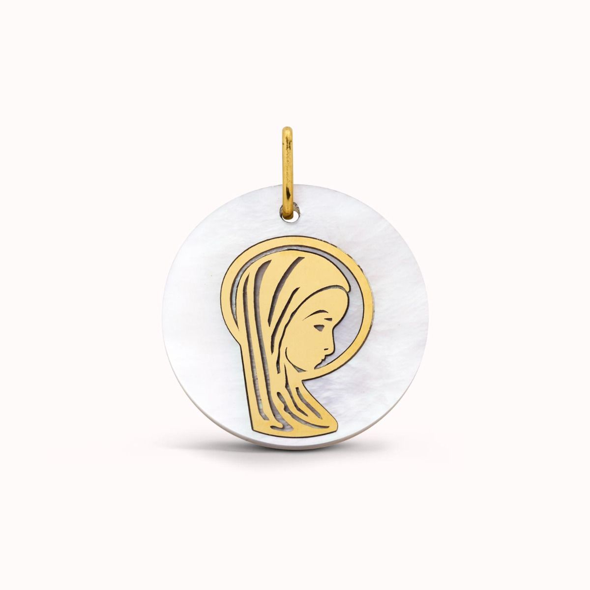 Médaille Vierge Auréolée marqueterie 20 mm nacre et or jaune 18 carats